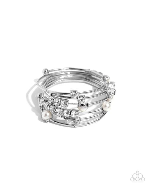 Paparazzi Showtime Sparkle White Pearl Gem Silver Coil Bracelet - Boho Glam Jewelry